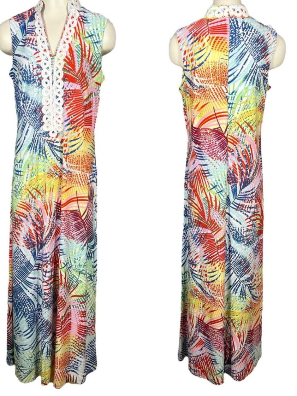 Pappagallo Tangering Multi Maxi Dress with Lace Trim-Size 10-Tropical